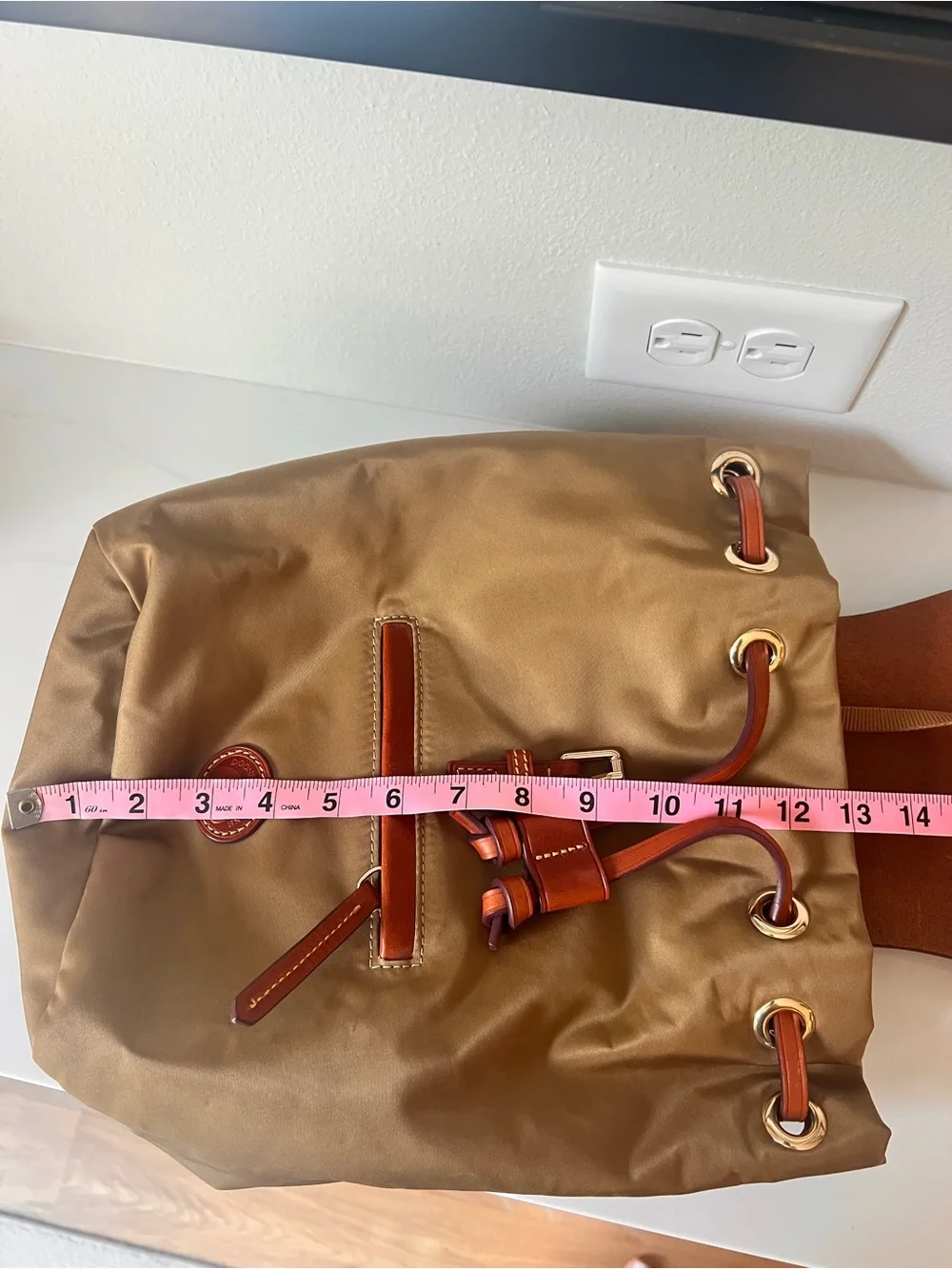 Dooney & Bourke Tan Olive Nylon and Brown Leather top  Old Money Style Backpack